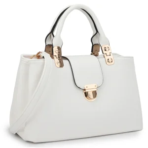 Women’s Vegan Leather Top Handle Satchel Handbag Medium Tote Bag (White)